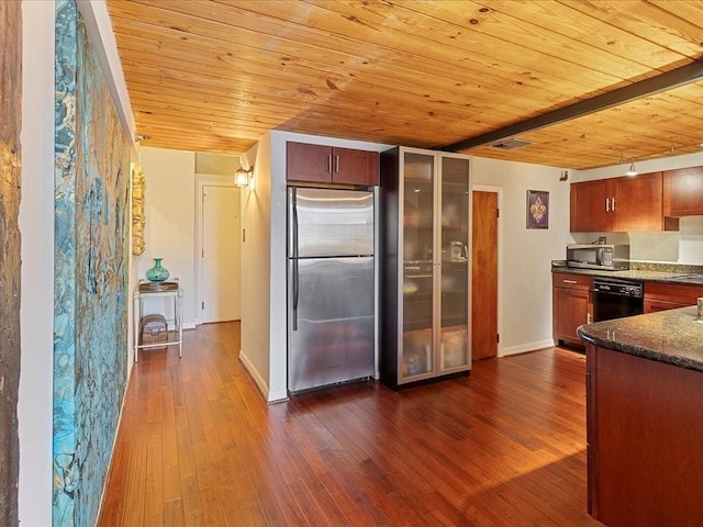 kitchen with wooden ceiling, visible vents, appliances with stainless steel finishes, and dark wood finished floors