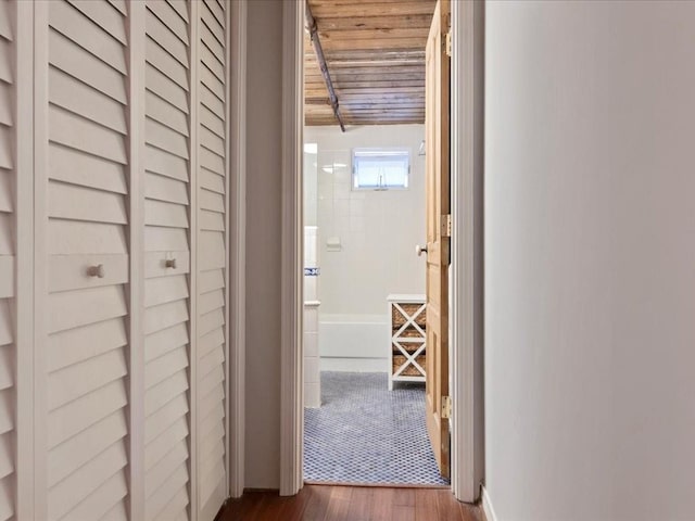 hallway featuring wooden ceiling and dark wood-type flooring