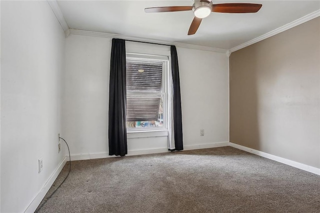 carpeted empty room with ceiling fan and ornamental molding