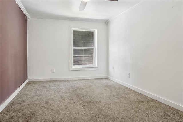 carpeted spare room with ceiling fan and ornamental molding