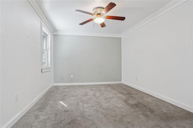 unfurnished room featuring ceiling fan, carpet floors, and ornamental molding