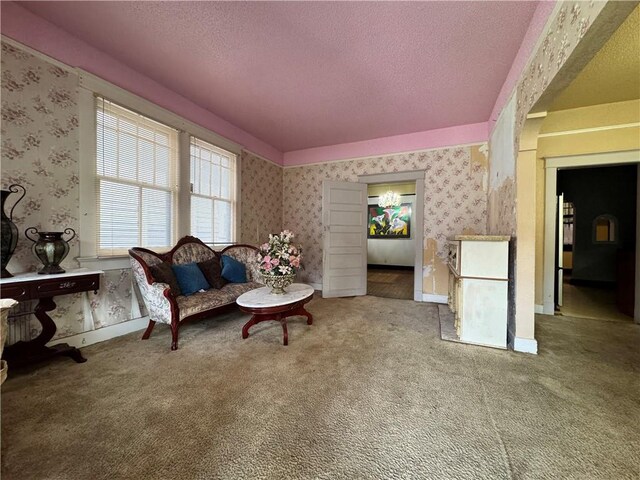 living area with a textured ceiling and carpet flooring