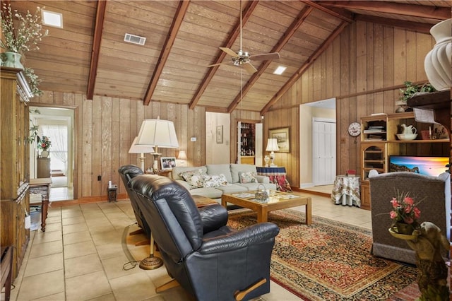 tiled living room featuring high vaulted ceiling, wooden ceiling, wood walls, and beamed ceiling