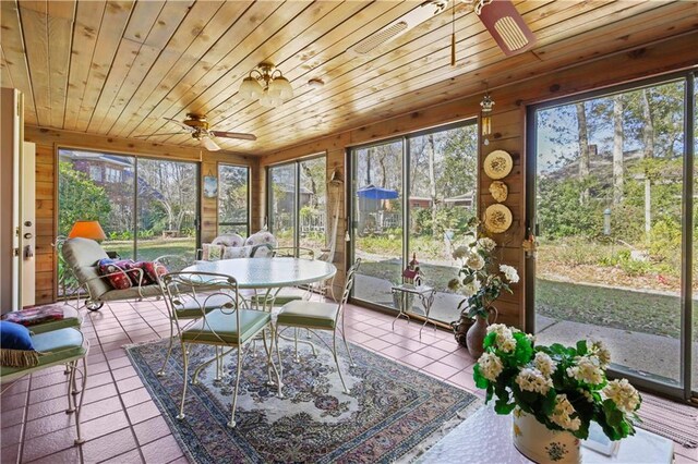 sunroom featuring ceiling fan, a healthy amount of sunlight, and wood ceiling