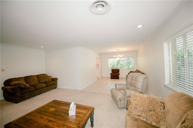 carpeted living room with crown molding and an inviting chandelier