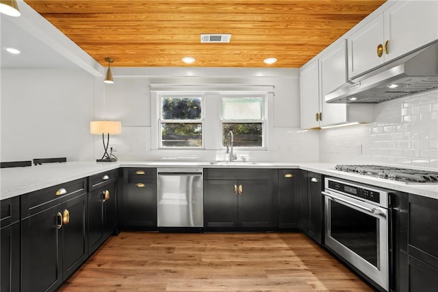 kitchen featuring wood ceiling, white cabinetry, stainless steel appliances, sink, and light wood-type flooring