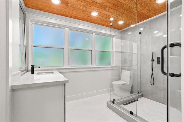 bathroom featuring an enclosed shower, vanity, toilet, and wooden ceiling