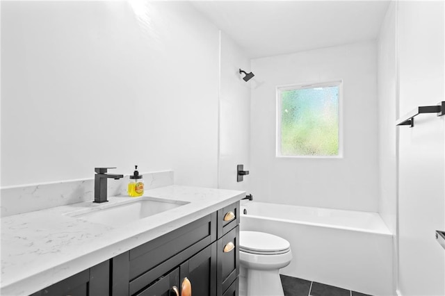 full bathroom with toilet, tile patterned floors, vanity, and  shower combination