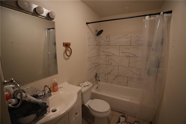 full bathroom with toilet, tile patterned flooring, shower / bathtub combination with curtain, a textured ceiling, and vanity