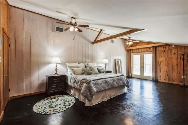 bedroom with french doors, wooden walls, access to outside, lofted ceiling with beams, and ceiling fan