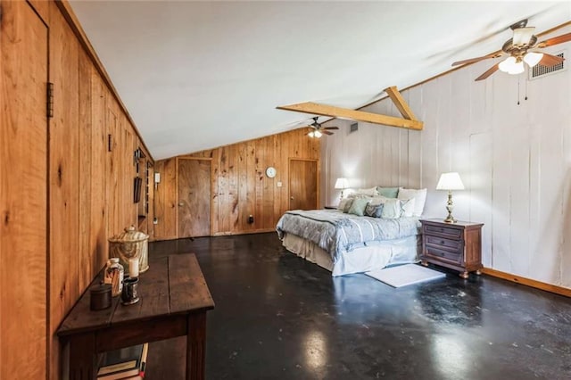 bedroom featuring ceiling fan, wood walls, and lofted ceiling with beams