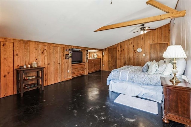 bedroom with ceiling fan, lofted ceiling with beams, and wooden walls