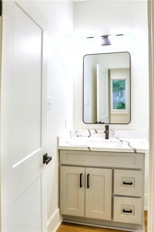 bathroom with wood-type flooring and vanity