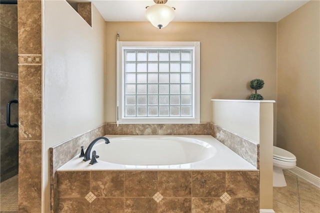 bathroom featuring toilet, independent shower and bath, and tile patterned flooring