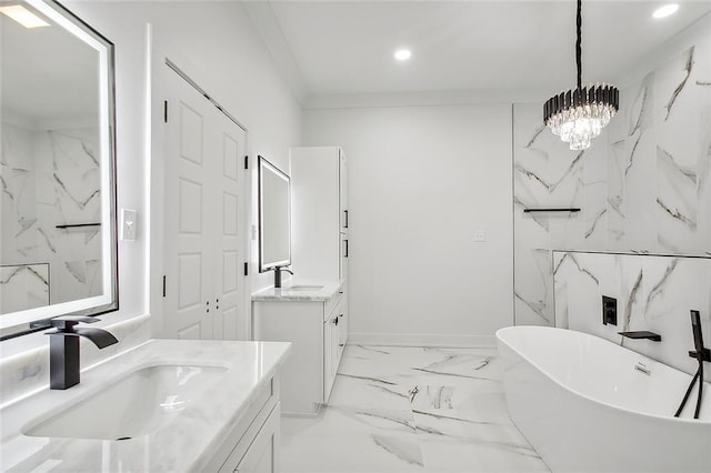 full bath featuring recessed lighting, marble finish floor, two vanities, and a sink