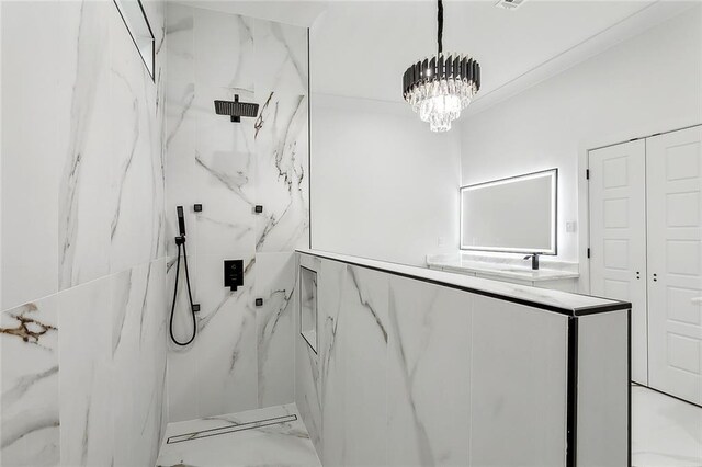 bathroom with a chandelier and walk in shower