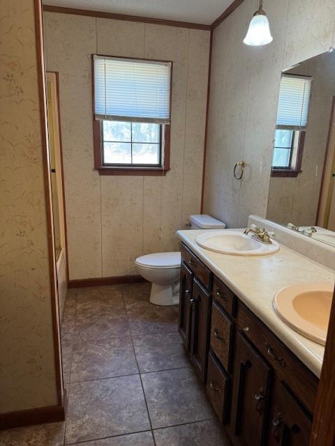 bathroom featuring toilet, vanity, and ornamental molding