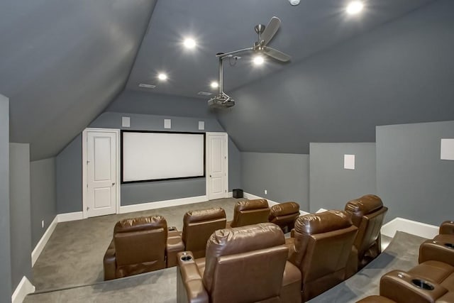 carpeted cinema featuring ceiling fan and lofted ceiling