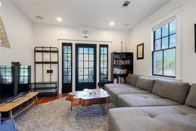 living room with plenty of natural light and dark hardwood / wood-style floors