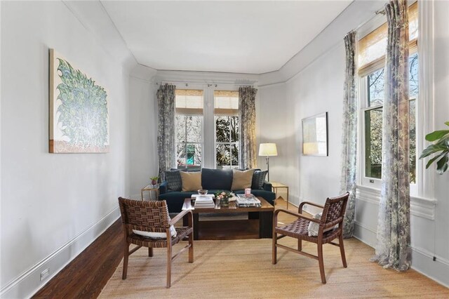 living area with a healthy amount of sunlight and light hardwood / wood-style floors