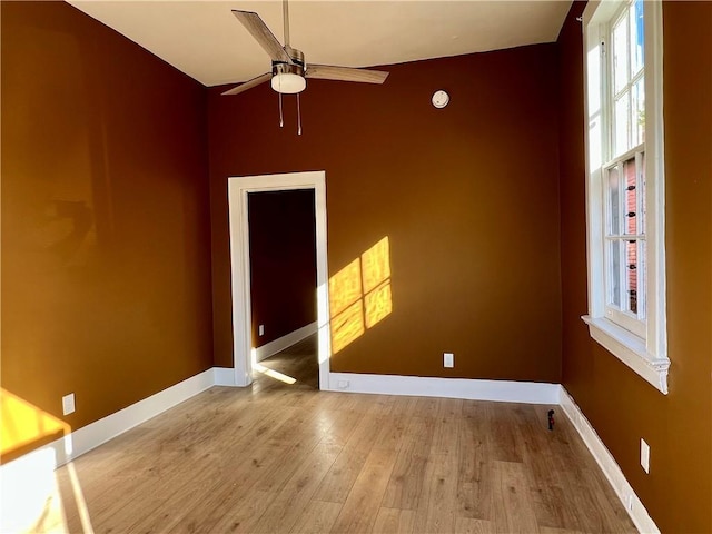 empty room featuring ceiling fan and light hardwood / wood-style flooring