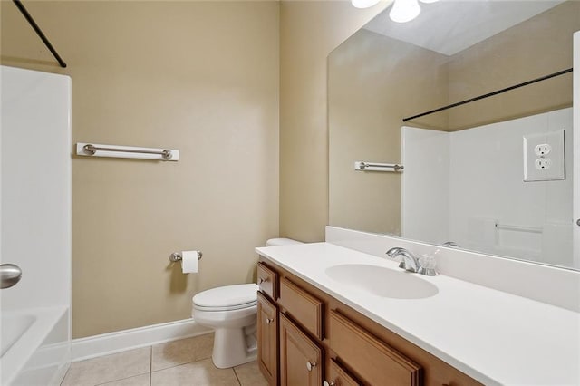 full bathroom featuring toilet, tile patterned flooring, shower / washtub combination, and vanity