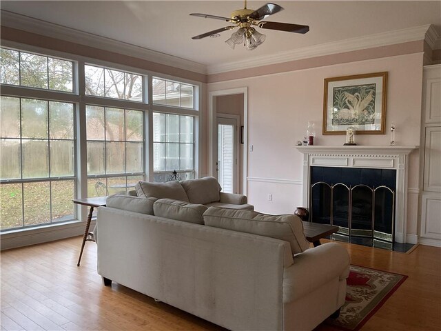 living room featuring ceiling fan, ornamental molding, and light hardwood / wood-style flooring