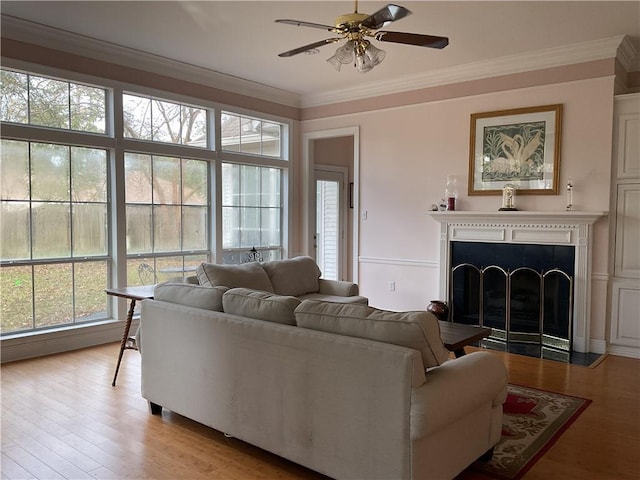 living room featuring ceiling fan, light wood-type flooring, and crown molding