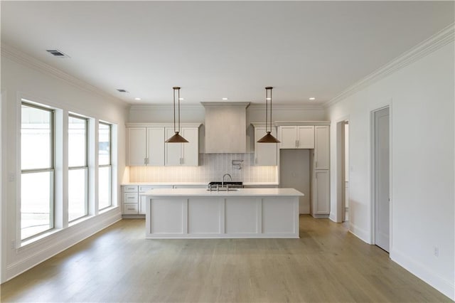 5044 Twin River Pl, Covington, LA 70433 - kitchen with light wood-style floors, custom range hood, tasteful backsplash, light countertops, and an island with sink