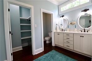 bathroom featuring vanity, toilet, and hardwood / wood-style floors