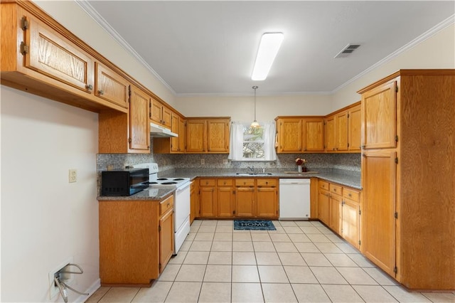 kitchen with decorative light fixtures, backsplash, sink, white appliances, and crown molding