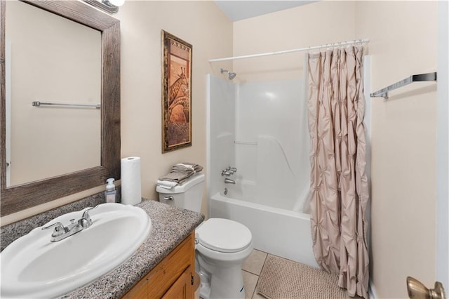 full bathroom featuring toilet, vanity, tile patterned floors, and shower / bath combination with curtain