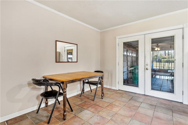 dining area featuring light tile patterned floors, french doors, and ornamental molding