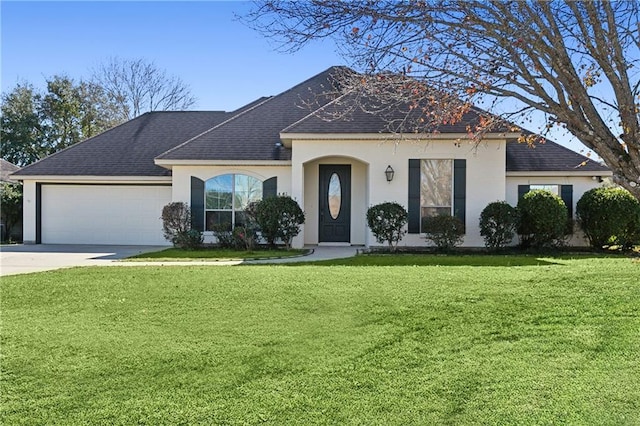 view of front of house with a front lawn and a garage