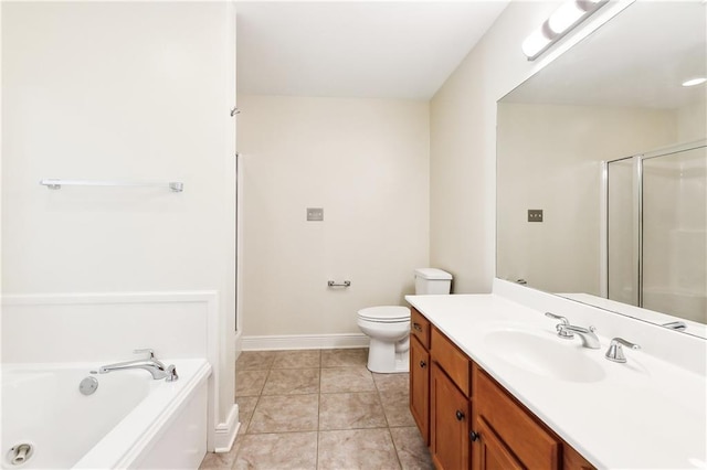 full bathroom with independent shower and bath, tile patterned floors, vanity, and toilet