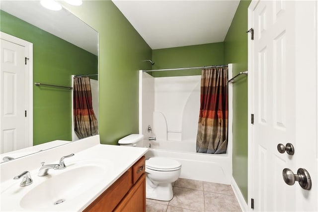 full bathroom with toilet, vanity, tile patterned flooring, and shower / bath combo with shower curtain