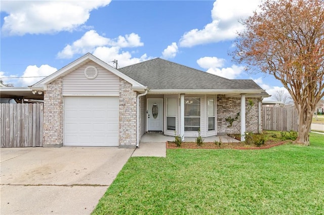 ranch-style house with a garage, a front yard, and a porch