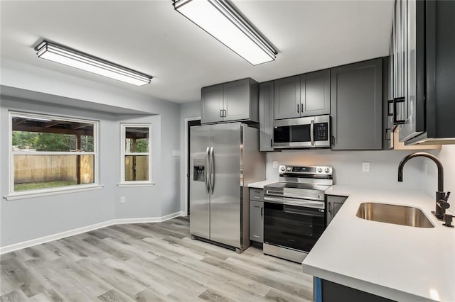 kitchen with gray cabinetry, appliances with stainless steel finishes, sink, and light wood-type flooring