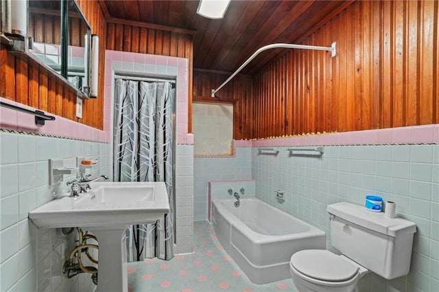 bathroom featuring toilet, tile walls, and wood ceiling