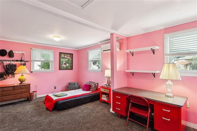 carpeted bedroom featuring crown molding and a wall unit AC