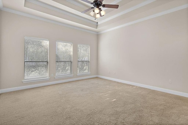 empty room with a raised ceiling, carpet floors, and ornamental molding