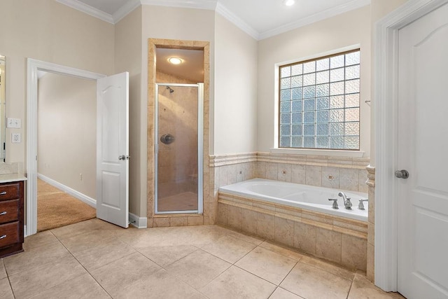 bathroom featuring plus walk in shower, tile patterned flooring, and crown molding