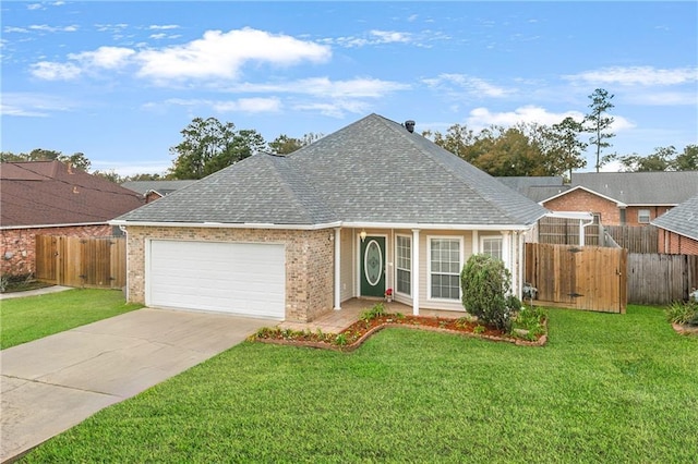 ranch-style home featuring a front yard and a garage