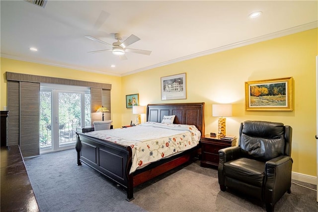 carpeted bedroom featuring ceiling fan, crown molding, and access to outside