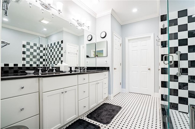 bathroom featuring vanity, crown molding, tasteful backsplash, and walk in shower