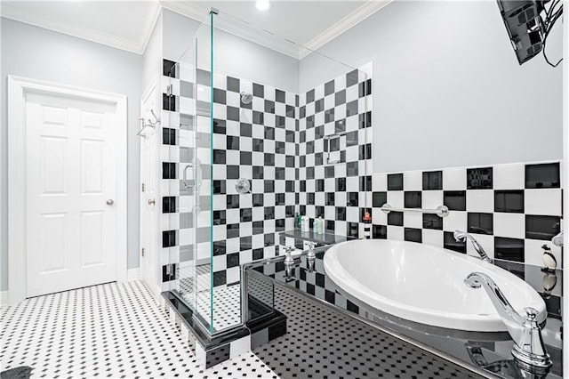 bathroom featuring ornamental molding and shower with separate bathtub