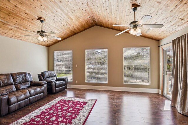 living room with ceiling fan, wooden ceiling, dark hardwood / wood-style flooring, and lofted ceiling