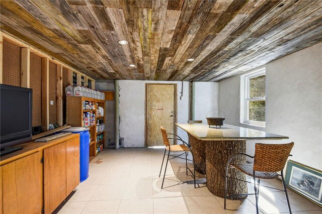 dining space featuring wooden ceiling