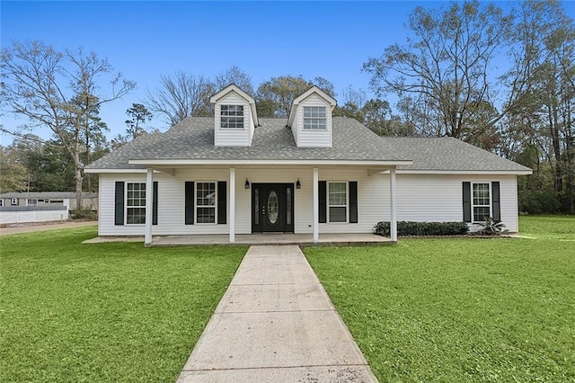 cape cod house with a front yard and a porch