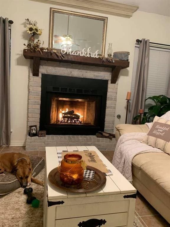 interior space featuring a brick fireplace